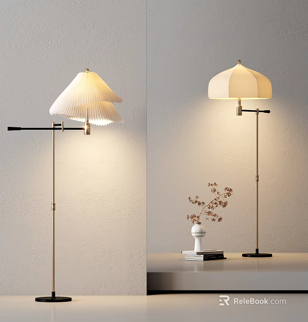 Elegant Floor Lamp With Pleated Beige Shade And Golden Metal Stand For Living Room 3d model 
