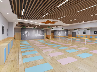 Spacious Fitness Studio Interior With Colorful Yoga Mats Wooden Floor And Exercise Barre 3d model