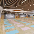 Spacious Fitness Studio Interior With Colorful Yoga Mats Wooden Floor And Exercise Barre