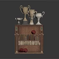 Vintage Bookshelf With Trophies Books And Red Balls For Home Decor
