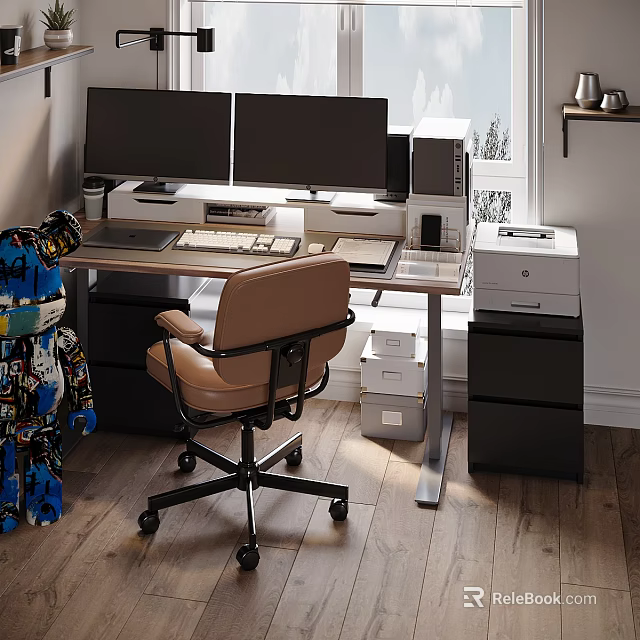 Functional Desk with Dual Monitors Office Chair Printer and Storage Cabinets 3d model 