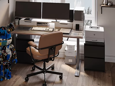 Functional Desk with Dual Monitors Office Chair Printer and Storage Cabinets 3d model