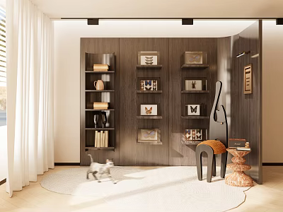 Modern Wooden Bookshelf with Multiple Shelves Books Decorative Items Floor Lamp and Cozy Rug 3d model