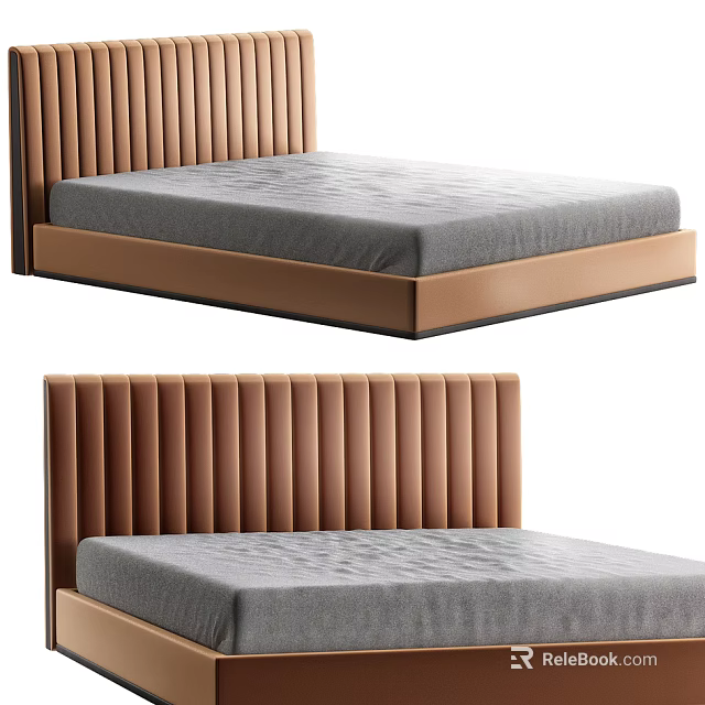 Modern Double Bed With Brown Vertical Tufted Headboard And Gray Mattress 3d model 