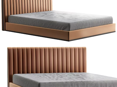 Modern Double Bed With Brown Vertical Tufted Headboard And Gray Mattress 3d model
