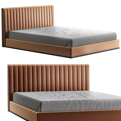 Modern Double Bed With Brown Vertical Tufted Headboard And Gray Mattress 3d model