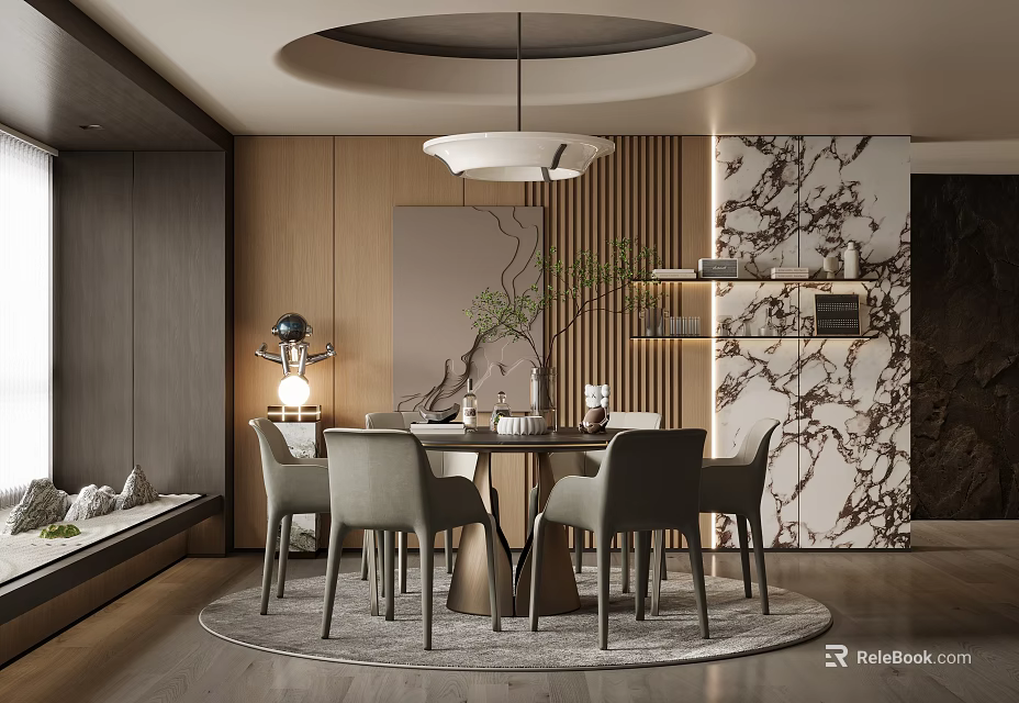 Modern Restaurant Interior With Round Dining Table Gray Chairs Wooden Walls And Marble Accents 3d model 