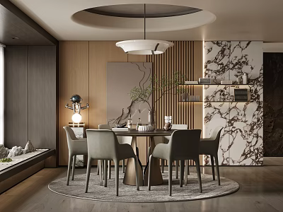 Modern Restaurant Interior With Round Dining Table Gray Chairs Wooden Walls And Marble Accents 3d model
