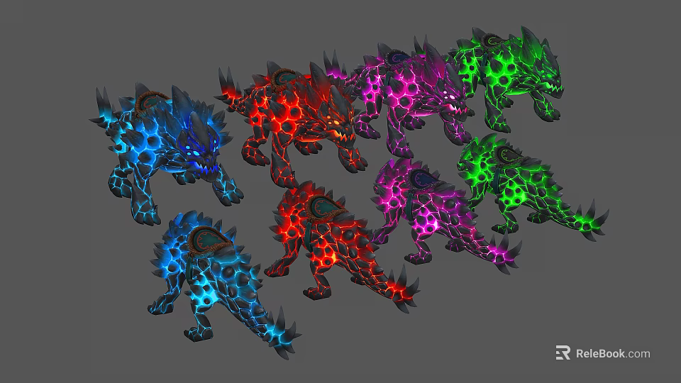 Colorful Glowing Spotted Dinosaur Models In Blue Red Purple Green Colors 3d model 