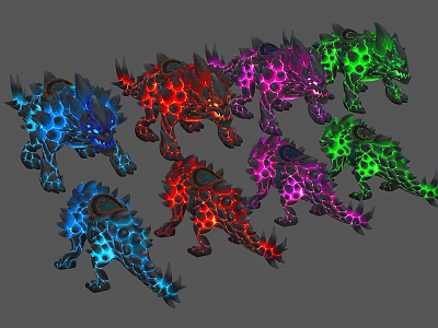 Colorful Glowing Spotted Dinosaur Models In Blue Red Purple Green Colors 3d model