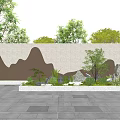 Feature Wall With Mountain Pattern And Green Plants In Outdoor Stone Pavement Area