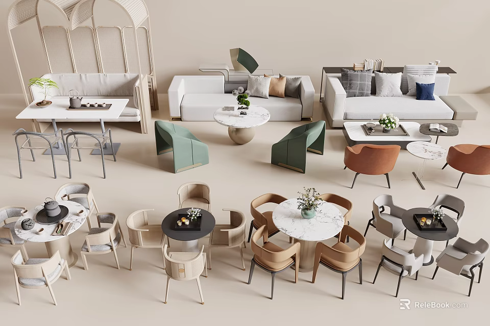Modern Minimalist Table Chair Combinations With Green Brown Grey Chairs And Round Square Tables 3d model 