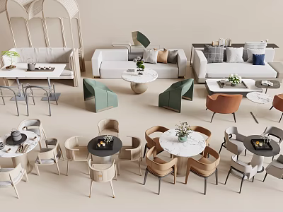 Modern Minimalist Table Chair Combinations With Green Brown Grey Chairs And Round Square Tables 3d model