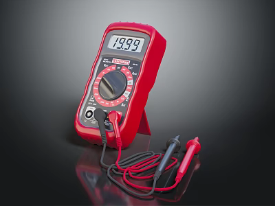 Red Digital Multimeter With Stand Test Probes And 19.99 Display On Black Background 3d model