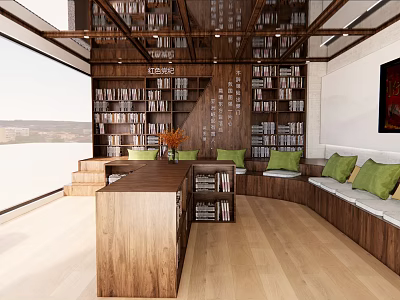 Book Art Interior With Wooden Bookshelves Books Staircase And Cozy Seats 3d model
