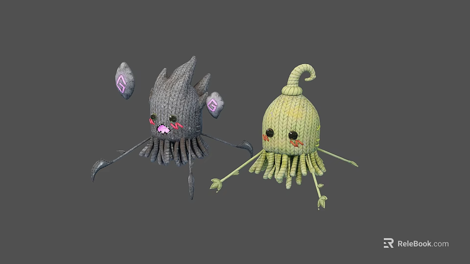Two Knitted Cartoon Characters With Gray Yellow Tentacles Round Eyes And Pink Blushes 3d model 