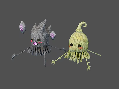 Two Knitted Cartoon Characters With Gray Yellow Tentacles Round Eyes And Pink Blushes 3d model