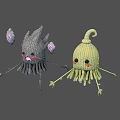 Two Knitted Cartoon Characters With Gray Yellow Tentacles Round Eyes And Pink Blushes