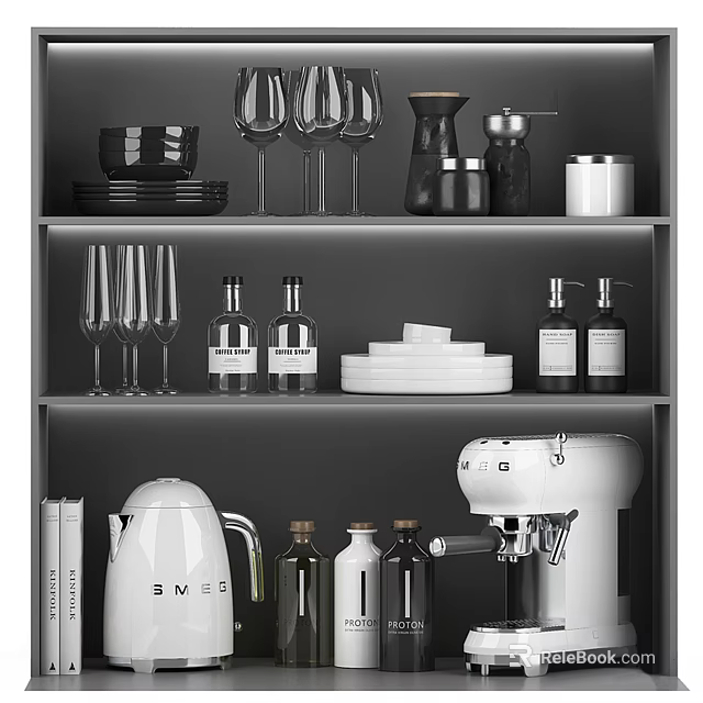 Modern Kitchenware Display With Coffee Machine Kettle Wine Glasses Plates And Bottles On Shelf 3d model 