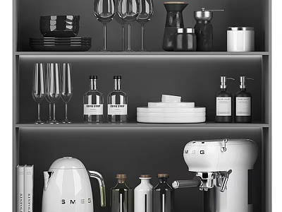Modern Kitchenware Display With Coffee Machine Kettle Wine Glasses Plates And Bottles On Shelf 3d model