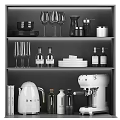Modern Kitchenware Display With Coffee Machine Kettle Wine Glasses Plates And Bottles On Shelf