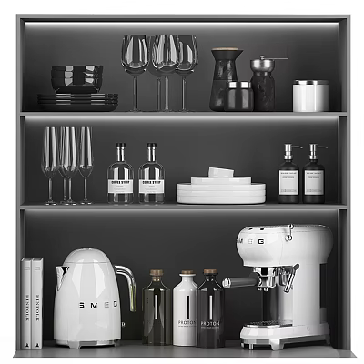 Modern Kitchenware Display With Coffee Machine Kettle Wine Glasses Plates And Bottles On Shelf 3d model