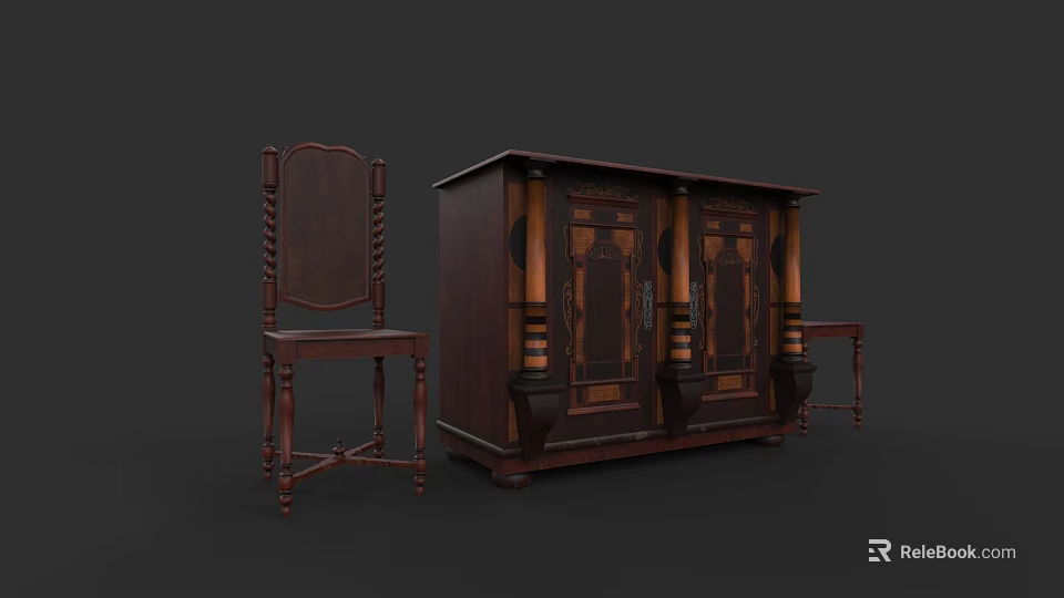 Vintage Dark Brown Wooden Sofa and Coffee Table Set with Carved Details and Classic Design 3d model 