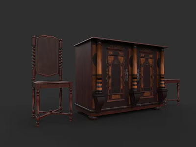 Vintage Dark Brown Wooden Sofa and Coffee Table Set with Carved Details and Classic Design 3d model
