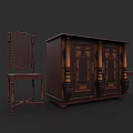 Vintage Dark Brown Wooden Sofa and Coffee Table Set with Carved Details and Classic Design