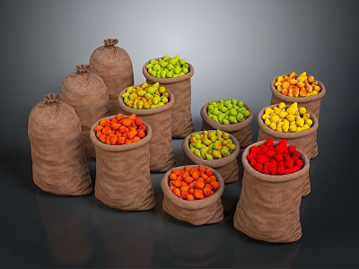 Colorful Fresh Fruits Packed in Burlap Sacks Featuring Orange Green Red Yellow Varieties 3d model