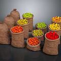 Colorful Fresh Fruits Packed in Burlap Sacks Featuring Orange Green Red Yellow Varieties