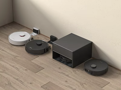 Smart Robotic Machines Including Multiple Robot Vacuums And Charging Dock On Wooden Floor 3d model