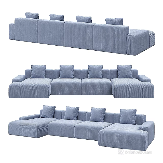Comfortable Light Blue Corduroy Sectional Sofa With Multiple Soft Cushions 3d model