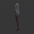 Woman In Gray Professional Suit Dress With Badge Black Stockings And High Heels