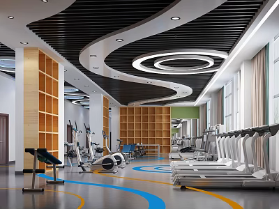 Spacious Bright Fitness Gym Interior With Modern Ceiling Wooden Lockers And Treadmills 3d model