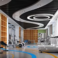 Spacious Bright Fitness Gym Interior With Modern Ceiling Wooden Lockers And Treadmills