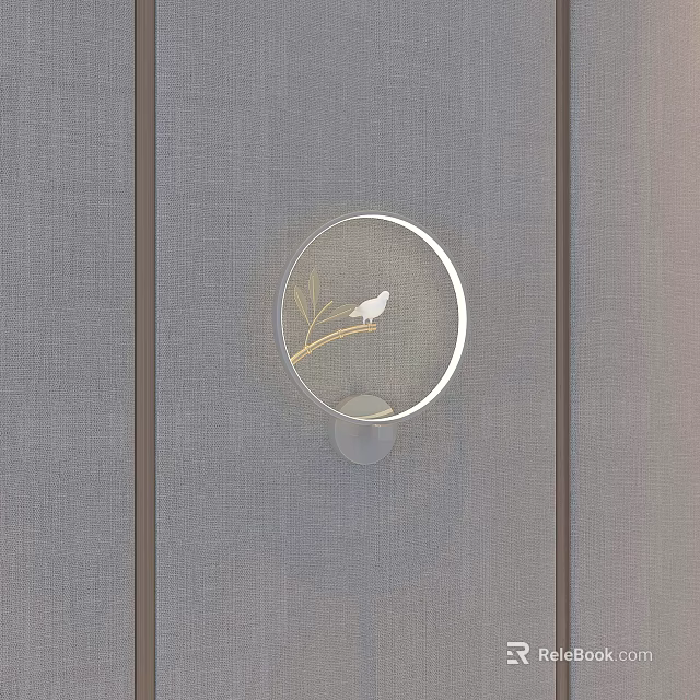 Modern Round Wall Lamp With White Bird And Bamboo Leaves On Gray Background 3d model 