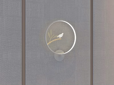 Modern Round Wall Lamp With White Bird And Bamboo Leaves On Gray Background 3d model