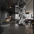 Modern Dark Tone Living And Dining Room With Elegant Marble Accent And Luxury Furnishings