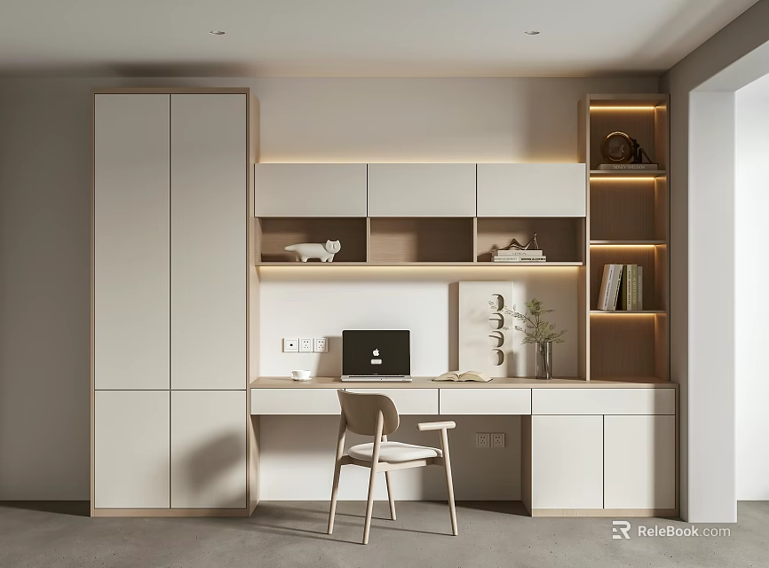Modern Home Office Interior With Minimalist Desk Laptop And Decorative White Cabinet Shelves 3d model 