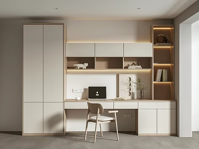 Modern Home Office Interior With Minimalist Desk Laptop And Decorative White Cabinet Shelves 3d model
