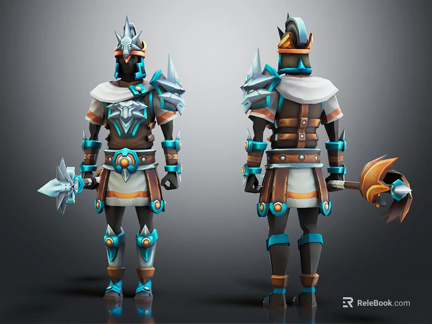 Detailed Character Armor Design With Blue Brown Accents And Weapons Front Back View 3d model 
