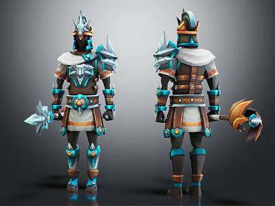 Detailed Character Armor Design With Blue Brown Accents And Weapons Front Back View 3d model