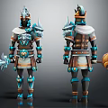 Detailed Character Armor Design With Blue Brown Accents And Weapons Front Back View