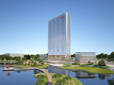 Modern High Rise Office Building With Glass Curtain Wall Landscaped Gardens And Waterfront Pathways 3d model