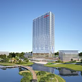Modern High Rise Office Building With Glass Curtain Wall Landscaped Gardens And Waterfront Pathways
