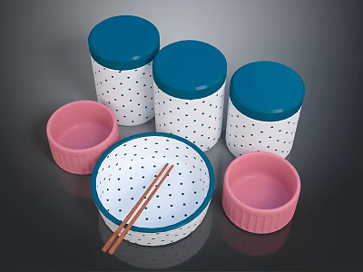 Vibrant Tableware Set With Blue Lidded Containers White Polka Dots Pink Bowls And Chopsticks 3d model