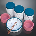 Vibrant Tableware Set With Blue Lidded Containers White Polka Dots Pink Bowls And Chopsticks