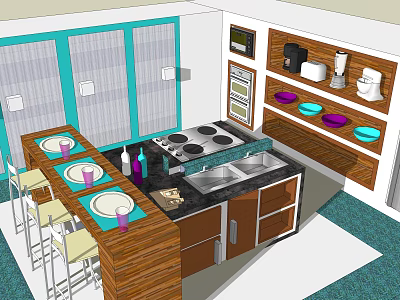 Modern Kitchen Interior With Wooden Island Countertop Oven Plates And Cabinets 3d model