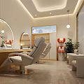 Modern Beauty Hair Salon Interior With Curved Mirrors Comfortable Gray Chairs Wooden Vanities And Plants